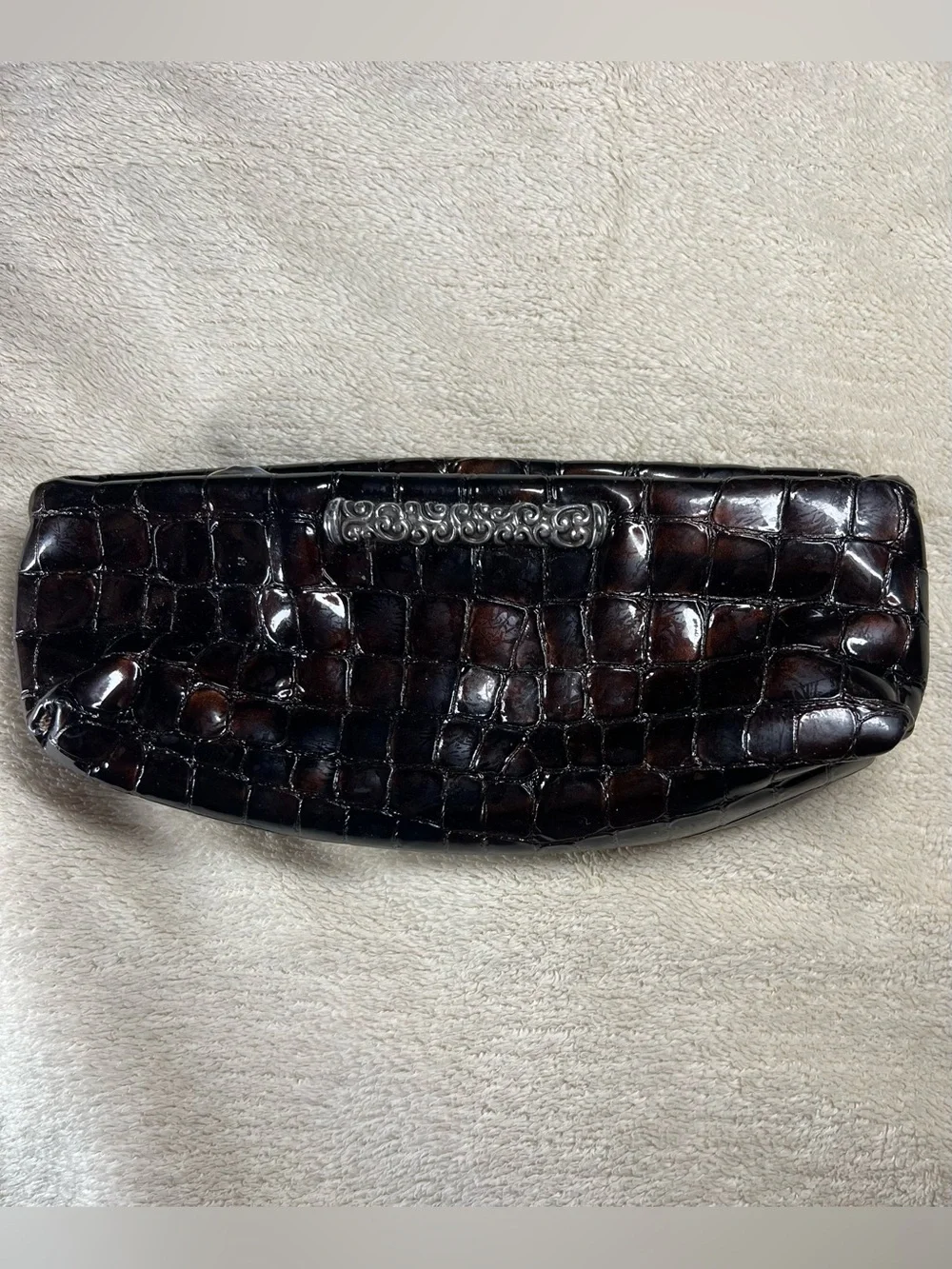 Brighton Brown Croc Embossed Patent Cosmetic Pouch Makeup Bag Leather Trim